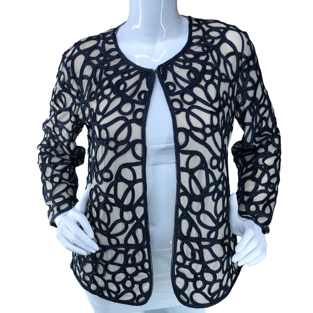 Chicos Travelers Womens Size 0 US 4/6 Swirl Strip Jacket Navy Blue Cream